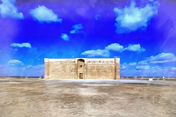 Castillo desértico omeya pintura colorida parece imagen, Qasr Kharana, Jordania. — Foto de Stock