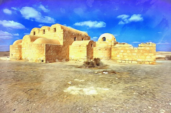 Umayyad desierto castillo colorido pintura parece imagen, Qasr Amra, Jordania. — Foto de Stock