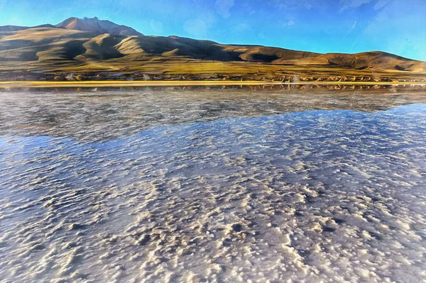 Schöne Berglandschaft mit Wasser sieht aus wie ein Bild, Uyuni Salzebene, Bolivien. — Stockfoto