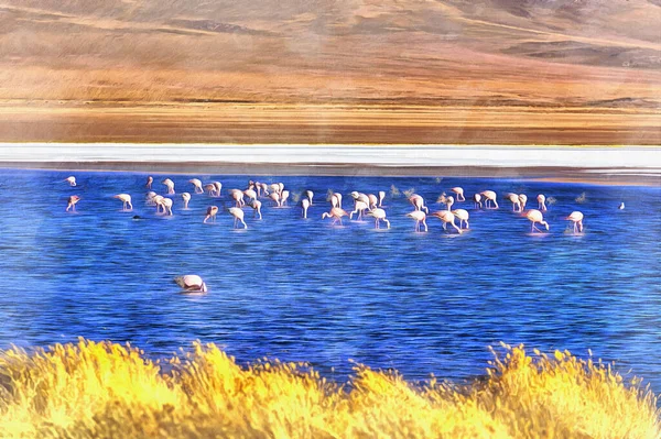 Όμορφο τοπίο με Άνδεων φλαμίνγκο πολύχρωμη ζωγραφική μοιάζει με εικόνα, Laguna Canapa λίμνη, Βολιβία. — Φωτογραφία Αρχείου