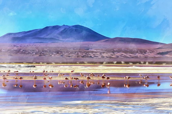 Όμορφο τοπίο με Άνδεων φλαμίνγκο πολύχρωμη ζωγραφική μοιάζει με εικόνα, Laguna Canapa λίμνη, Βολιβία — Φωτογραφία Αρχείου