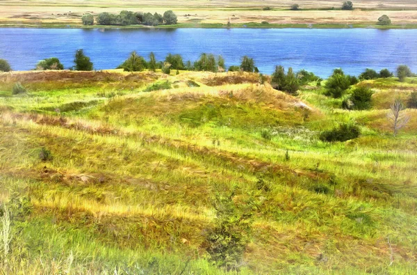 Όμορφο τοπίο με την πολύχρωμη ζωγραφική του ποταμού Όκα μοιάζει με εικόνα, Konstantinovo, Ρωσία. — Φωτογραφία Αρχείου