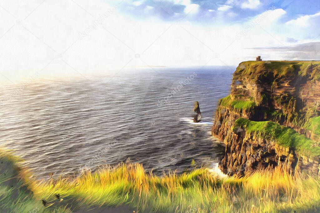 Cliffs of Moher colorful painting looks like picture, Clare county, Ireland.