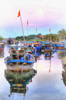 Hoi Nehri 'nde teknelerle güzel bir akşam. Renkli bir resim, Thu Bon Nehri, Vietnam' a benziyor..