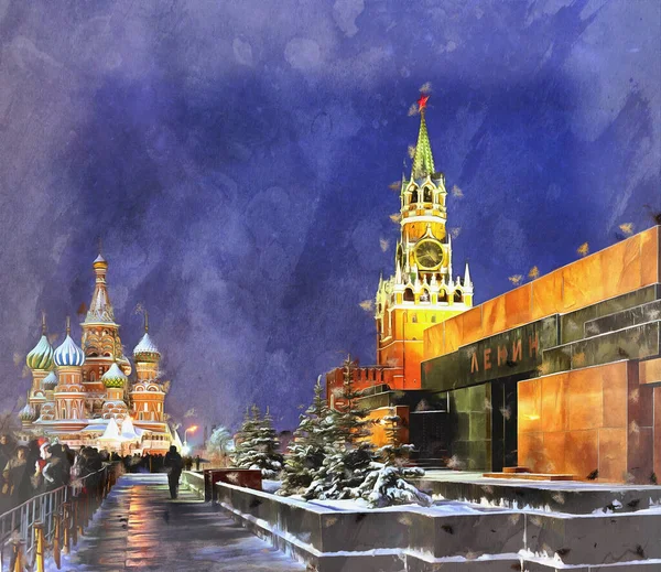Roter Platz und Kreml Nacht Ansicht bunte Malerei sieht aus wie Bild, Moskau, Russland. — Stockfoto