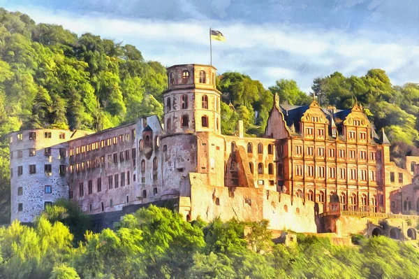 Heidelberger Schloss Bunte Malerei sieht aus wie Bild, Heidelberg, Baden-Württemberg, Deutschland. — Stockfoto