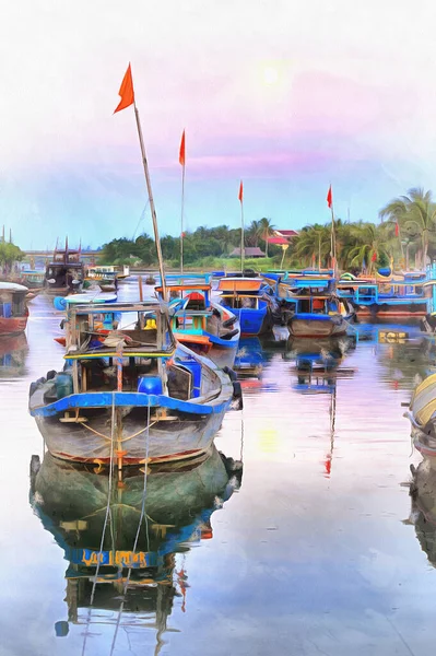Linda noite com barcos no rio em Hoi Uma pintura colorida se parece com imagem, Thu Bon River, Vietnã. — Fotografia de Stock