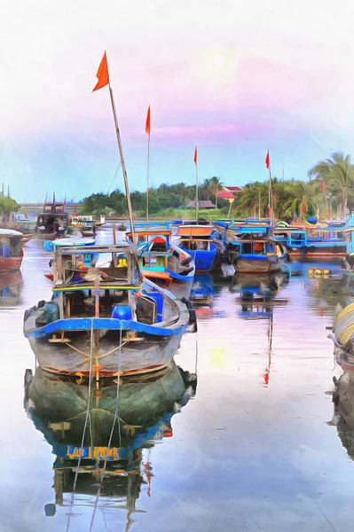 Krásný večer s čluny na řece v Hoi Barevný obraz vypadá jako obrázek, Thu Bon River, Vietnam. — Stock fotografie