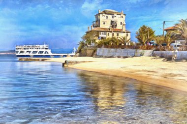 Ortaçağ deniz kıyısındaki renkli resim, Ouranoupoli, Yunanistan 'a benziyor