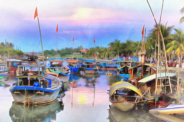 Krásný večer s čluny na řece v Hoi Barevný obraz vypadá jako obrázek, Thu Bon River, Vietnam. — Stock fotografie