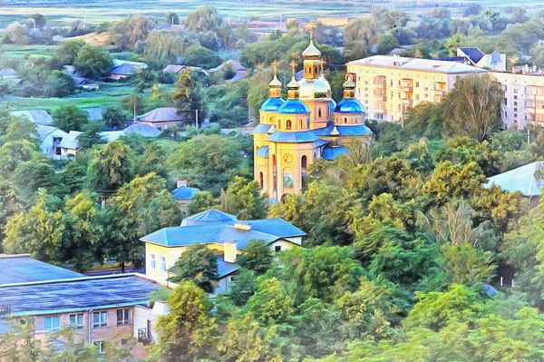 Vecchia chiesa vista a paesaggio urbano pittura colorata assomiglia immagine, Uzhhorod, Ucraina. — Foto Stock