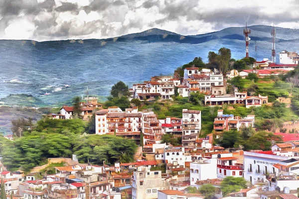 Zicht op de oude stad kleurrijke schilderij ziet eruit als foto, Taxco, Mexico. — Stockfoto