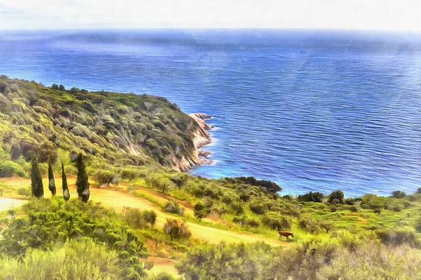 Ege deniz kıyılarının renkli resimleri resim gibi görünüyor, Athos yarımadası, Yunanistan. — Stok fotoğraf