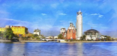 Modern yüksek binalara sahip şehir manzarası renkli tabloya benziyor, Moskova, Rusya.