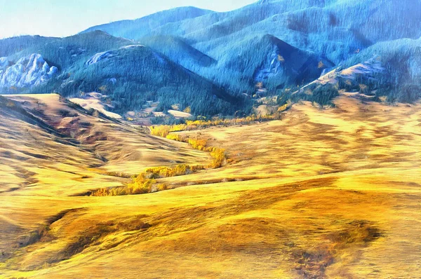 Paisagem de paisagem montanhosa de Yellowstone National Park se parece com desenho, EUA. — Fotografia de Stock