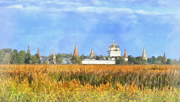 Prachtig landschap met Joseph-Volokolamsk klooster kleurrijke schilderij ziet eruit als foto, Rusland. — Stockfoto