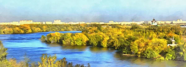 View over Moskva river beautiful landscape colorful painting looks like picture, Russia. — Stock Photo, Image