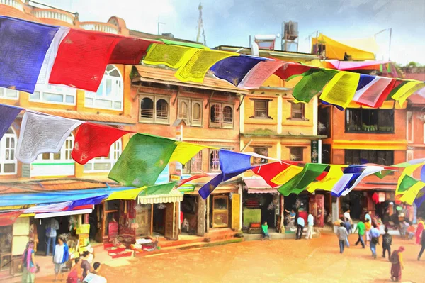 Casas velhas perto de Boudhanath stupa pintura colorida parece imagem, Kathmandu, Nepal. — Fotografia de Stock