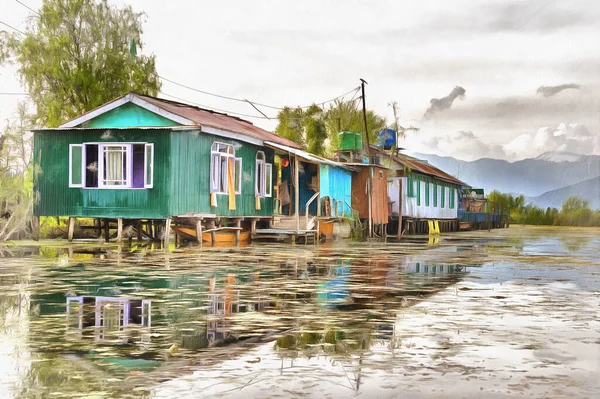 Traditional huts at Dal lake colorful painting looks like picture, Srinagar, Jammu and Kashmir, India. — Stock Photo, Image