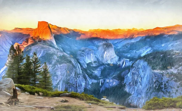 Colorful painting of beautiful mountain landscape at Yosemite National Park, California, USA. — Stock Photo, Image