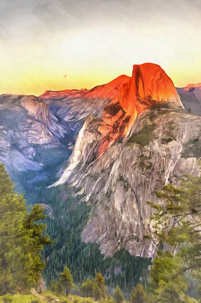 Colorful painting of beautiful mountain landscape at Yosemite National Park, California, USA. — Stock Photo, Image