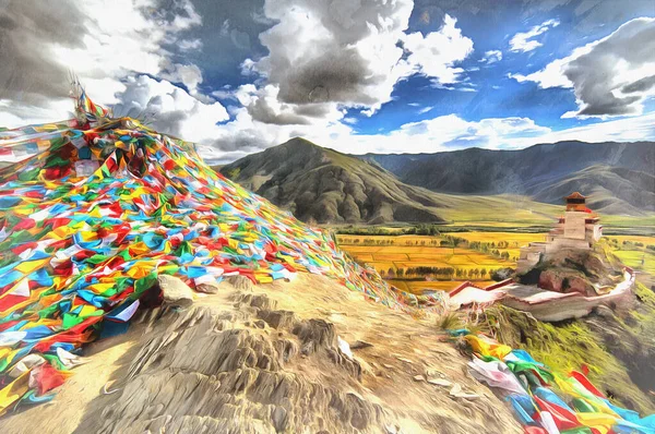 Lugar sagrado e Yungbulakang Palace pintura colorida parece imagem, Tibete, China. — Fotografia de Stock