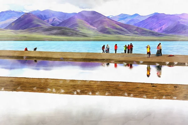 Namtso λίμνη πολύχρωμο ζωγραφική μοιάζει με εικόνα, Θιβέτ, Κίνα. — Φωτογραφία Αρχείου