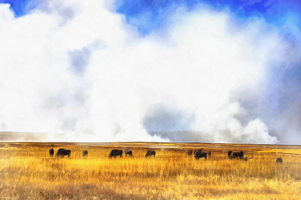 Pintura colorida bisonte americano parece imagen, Parque Nacional de Yellowstone, EE.UU.. Imagen De Stock