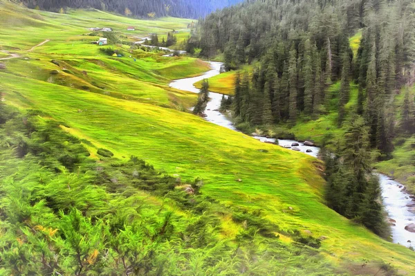 Színes festmény gyönyörű hegyvidéki táj, Kirgizisztán. — Stock Fotó