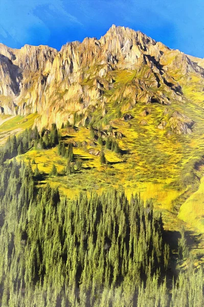 Pintura colorida de hermoso paisaje de montaña con bosque —  Fotos de Stock