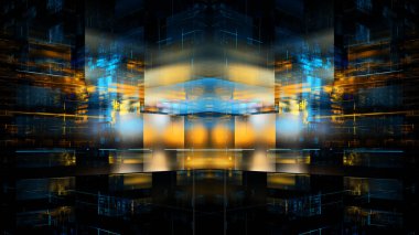 Yaratıcı tasarım için soyut fraktalın 3 boyutlu çizimi modern şehir tekno yapısına benziyor..