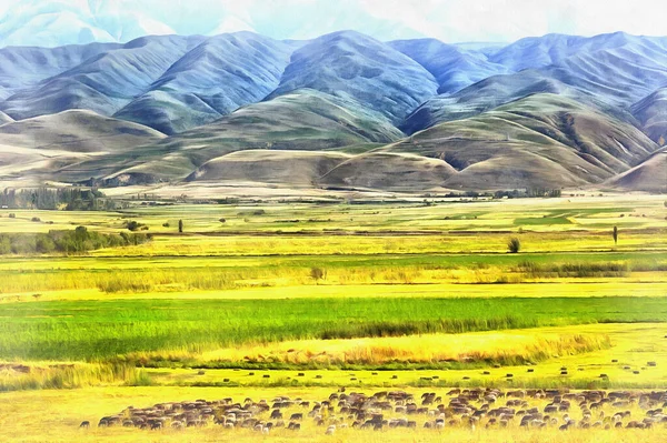 Pintura colorida de bela paisagem montanhosa com rebanho de ovelhas em primeiro plano, Quirguistão. — Fotografia de Stock