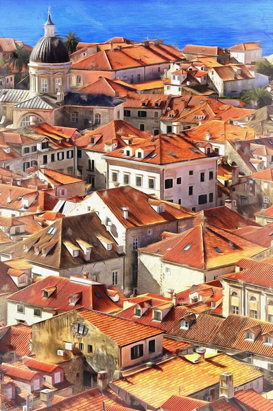 Paisaje urbano de la ciudad vieja de Dubrovnik pintura colorida se parece a la imagen, Dalmacia, Croacia. — Foto de Stock