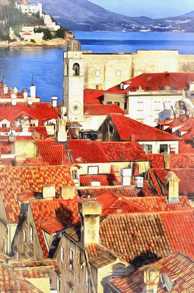 Stadsgezicht van Dubrovnik oude stad kleurrijk schilderij ziet eruit als foto, Dalmatië, Kroatië. — Stockfoto