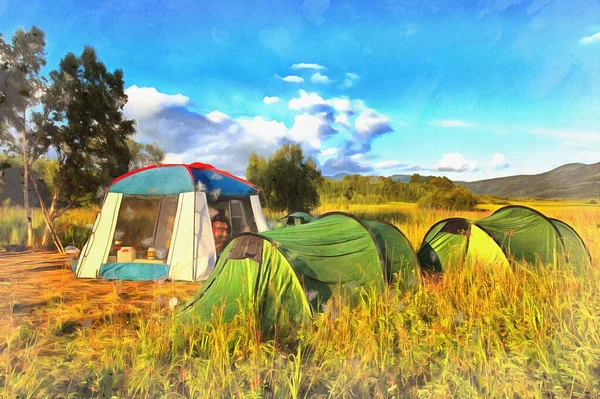 Turista sátrak a folyón színes festmény néz ki, mint a kép, Kamchatka-félsziget, Oroszország. — Stock Fotó