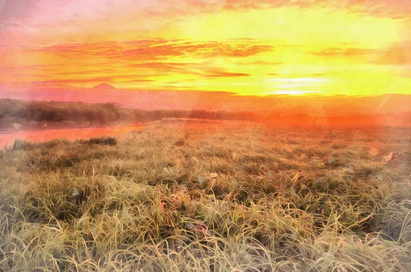 Hermosa puesta de sol en el valle pintura colorida se parece a la imagen, Península de Kamchatka, Rusia. — Foto de Stock