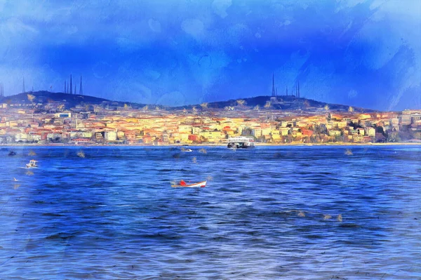 Visa på Bosporen färgglada målning ser ut som bild, Istanbul, Turkiet. — Stockfoto