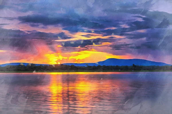 Lago puesta del sol paisaje colorido pintura parece imagen, Tanzania, África del este. — Foto de Stock