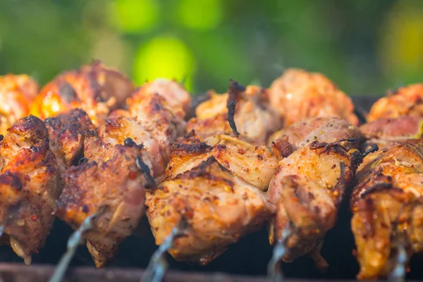 Detailní pohled na pečené maso připravované na grilu. — Stock fotografie