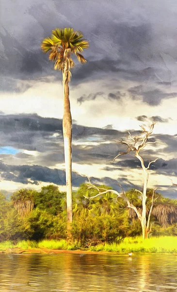 Jezioro krajobraz kolorowe malarstwo wygląda jak obraz, Tanzania, Afryka Wschodnia. — Zdjęcie stockowe