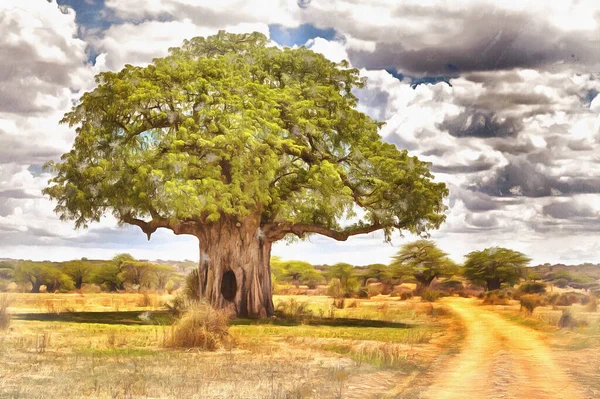 Όμορφο τοπίο σαβάνα με μοναχικό δέντρο πολύχρωμο ζωγραφική μοιάζει με εικόνα, Τανζανία, Ανατολική Αφρική. — Φωτογραφία Αρχείου