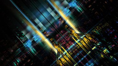 Yaratıcı tasarım için soyut fraktalın 3 boyutlu çizimi modern şehir tekno yapısına benziyor..