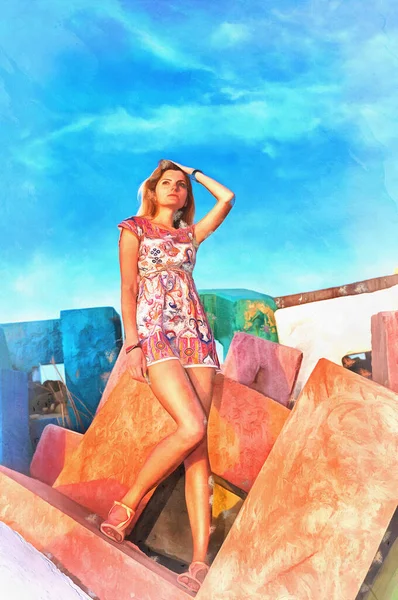 Mooie jonge vrouw zitten op gekleurde blokken kleurrijke schilderij — Stockfoto