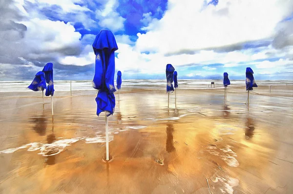 Sombrillas plegadas en la playa con el mar y las nubes en el fondo pintura colorida se parece a la imagen. — Foto de Stock