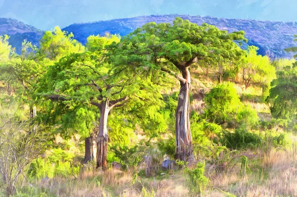 Paisaje de sabana pintura colorida parece imagen, Tanzania, África del este. — Foto de Stock