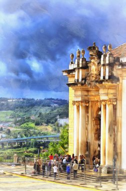 Coimbra Üniversitesi binası önünde renkli resimlere benzeyen insanlarla dolu, Coimbra, Portekiz.