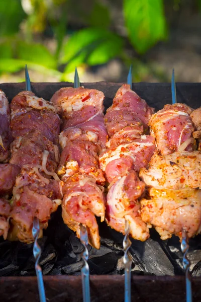 Detailní pohled na pečené maso připravované na grilu. — Stock fotografie