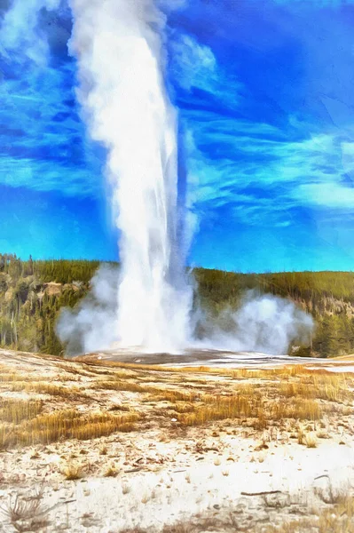 Vista su Vecchio Fedele geyser pittura colorata assomiglia immagine, Parco Nazionale di Yellowstone, Stati Uniti d'America. — Foto Stock