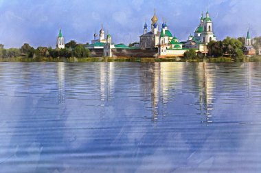 Nero Gölü 'nden Aziz James Manastırı' na bakan manzara resme benziyor, Rostov, Yaroslavl bölgesi, Rusya.