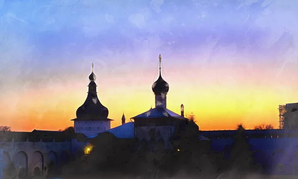 Uitzicht op het Rostov Kremlin in de avond kleurrijk schilderij — Stockfoto